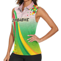 Zimbabwe Vibe Women Sleeveless Polo Shirt Tribal-Inspired Background with Geometric Flag Color Design