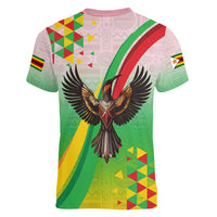 Zimbabwe Vibe Women V-Neck T-Shirt Tribal-Inspired Background with Geometric Flag Color Design