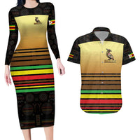 Zimbabwe Pride Couples Matching Long Sleeve Bodycon Dress and Hawaiian Shirt Zimbabwean Bird, Tribal Patterns and Pan-African Colors