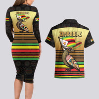 Zimbabwe Pride Couples Matching Long Sleeve Bodycon Dress and Hawaiian Shirt Zimbabwean Bird, Tribal Patterns and Pan-African Colors