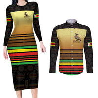 Zimbabwe Pride Couples Matching Long Sleeve Bodycon Dress and Long Sleeve Button Shirt Zimbabwean Bird, Tribal Patterns and Pan-African Colors