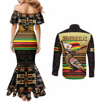 Zimbabwe Pride Couples Matching Mermaid Dress and Long Sleeve Button Shirt Zimbabwean Bird, Tribal Patterns and Pan-African Colors