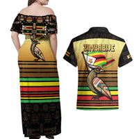 Zimbabwe Pride Couples Matching Off Shoulder Maxi Dress and Hawaiian Shirt Zimbabwean Bird, Tribal Patterns and Pan-African Colors