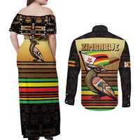 Zimbabwe Pride Couples Matching Off Shoulder Maxi Dress and Long Sleeve Button Shirt Zimbabwean Bird, Tribal Patterns and Pan-African Colors