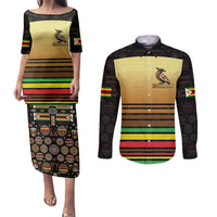 Zimbabwe Pride Couples Matching Puletasi and Long Sleeve Button Shirt Zimbabwean Bird, Tribal Patterns and Pan-African Colors