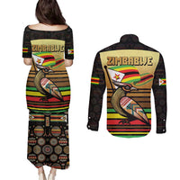 Zimbabwe Pride Couples Matching Puletasi and Long Sleeve Button Shirt Zimbabwean Bird, Tribal Patterns and Pan-African Colors