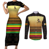 Zimbabwe Pride Couples Matching Short Sleeve Bodycon Dress and Long Sleeve Button Shirt Zimbabwean Bird, Tribal Patterns and Pan-African Colors