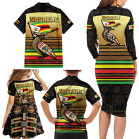 Zimbabwe Pride Family Matching Long Sleeve Bodycon Dress and Hawaiian Shirt Zimbabwean Bird, Tribal Patterns and Pan-African Colors