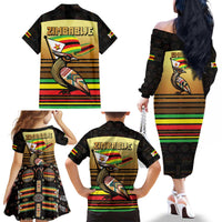 Zimbabwe Pride Family Matching Off The Shoulder Long Sleeve Dress and Hawaiian Shirt Zimbabwean Bird, Tribal Patterns and Pan-African Colors