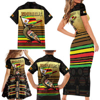 Zimbabwe Pride Family Matching Short Sleeve Bodycon Dress and Hawaiian Shirt Zimbabwean Bird, Tribal Patterns and Pan-African Colors
