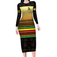 Zimbabwe Pride Long Sleeve Bodycon Dress Zimbabwean Bird, Tribal Patterns and Pan-African Colors