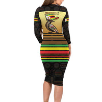 Zimbabwe Pride Long Sleeve Bodycon Dress Zimbabwean Bird, Tribal Patterns and Pan-African Colors