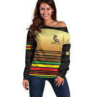 Zimbabwe Pride Off Shoulder Sweater Zimbabwean Bird, Tribal Patterns and Pan-African Colors