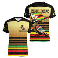 Zimbabwe Pride Women V-Neck T-Shirt Zimbabwean Bird, Tribal Patterns and Pan-African Colors