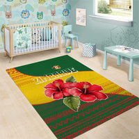 Zimbabwe Flag Map and Red Hibiscus Flowers Area Rug with African Tribal Pattern