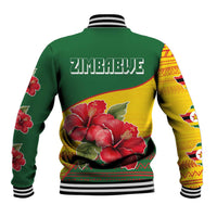 Zimbabwe Flag Map and Red Hibiscus Flowers Baseball Jacket with African Tribal Pattern