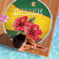 Zimbabwe Flag Map and Red Hibiscus Flowers Beach Blanket with African Tribal Pattern
