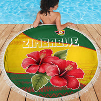 Zimbabwe Flag Map and Red Hibiscus Flowers Beach Blanket with African Tribal Pattern