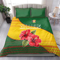 Zimbabwe Flag Map and Red Hibiscus Flowers Bedding Set with African Tribal Pattern