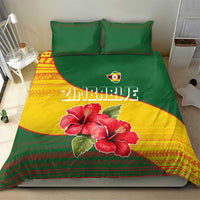 Zimbabwe Flag Map and Red Hibiscus Flowers Bedding Set with African Tribal Pattern