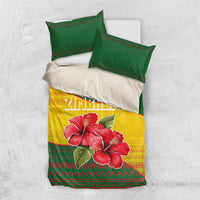 Zimbabwe Flag Map and Red Hibiscus Flowers Bedding Set with African Tribal Pattern