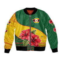 Zimbabwe Flag Map and Red Hibiscus Flowers Bomber Jacket with African Tribal Pattern