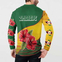 Zimbabwe Flag Map and Red Hibiscus Flowers Button Sweatshirt with African Tribal Pattern