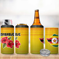 Zimbabwe Flag Map and Red Hibiscus Flowers 4 in 1 Can Cooler Tumbler with African Tribal Pattern