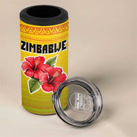 Zimbabwe Flag Map and Red Hibiscus Flowers 4 in 1 Can Cooler Tumbler with African Tribal Pattern
