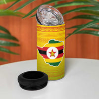 Zimbabwe Flag Map and Red Hibiscus Flowers 4 in 1 Can Cooler Tumbler with African Tribal Pattern