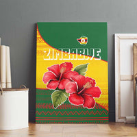 Zimbabwe Flag Map and Red Hibiscus Flowers Canvas Wall Art with African Tribal Pattern