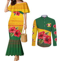Zimbabwe Flag Map and Red Hibiscus Flowers Couples Matching Mermaid Dress and Long Sleeve Button Shirt with African Tribal Pattern