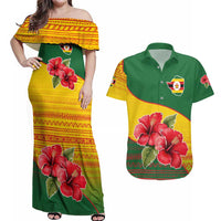 Zimbabwe Flag Map and Red Hibiscus Flowers Couples Matching Off Shoulder Maxi Dress and Hawaiian Shirt with African Tribal Pattern