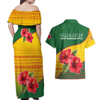 Zimbabwe Flag Map and Red Hibiscus Flowers Couples Matching Off Shoulder Maxi Dress and Hawaiian Shirt with African Tribal Pattern