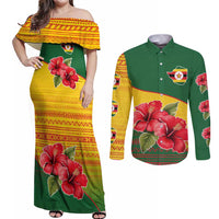 Zimbabwe Flag Map and Red Hibiscus Flowers Couples Matching Off Shoulder Maxi Dress and Long Sleeve Button Shirt with African Tribal Pattern
