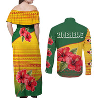 Zimbabwe Flag Map and Red Hibiscus Flowers Couples Matching Off Shoulder Maxi Dress and Long Sleeve Button Shirt with African Tribal Pattern