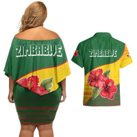 Zimbabwe Flag Map and Red Hibiscus Flowers Couples Matching Off Shoulder Short Dress and Hawaiian Shirt with African Tribal Pattern