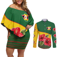 Zimbabwe Flag Map and Red Hibiscus Flowers Couples Matching Off Shoulder Short Dress and Long Sleeve Button Shirt with African Tribal Pattern