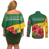 Zimbabwe Flag Map and Red Hibiscus Flowers Couples Matching Off Shoulder Short Dress and Long Sleeve Button Shirt with African Tribal Pattern