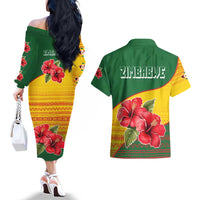 Zimbabwe Flag Map and Red Hibiscus Flowers Couples Matching Off The Shoulder Long Sleeve Dress and Hawaiian Shirt with African Tribal Pattern