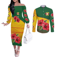 Zimbabwe Flag Map and Red Hibiscus Flowers Couples Matching Off The Shoulder Long Sleeve Dress and Long Sleeve Button Shirt with African Tribal Pattern