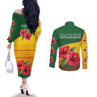 Zimbabwe Flag Map and Red Hibiscus Flowers Couples Matching Off The Shoulder Long Sleeve Dress and Long Sleeve Button Shirt with African Tribal Pattern