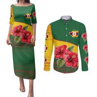 Zimbabwe Flag Map and Red Hibiscus Flowers Couples Matching Puletasi and Long Sleeve Button Shirt with African Tribal Pattern