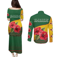 Zimbabwe Flag Map and Red Hibiscus Flowers Couples Matching Puletasi and Long Sleeve Button Shirt with African Tribal Pattern
