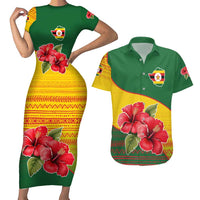 Zimbabwe Flag Map and Red Hibiscus Flowers Couples Matching Short Sleeve Bodycon Dress and Hawaiian Shirt with African Tribal Pattern
