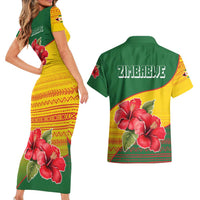 Zimbabwe Flag Map and Red Hibiscus Flowers Couples Matching Short Sleeve Bodycon Dress and Hawaiian Shirt with African Tribal Pattern