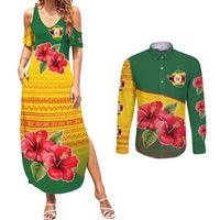 Zimbabwe Flag Map and Red Hibiscus Flowers Couples Matching Summer Maxi Dress and Long Sleeve Button Shirt with African Tribal Pattern
