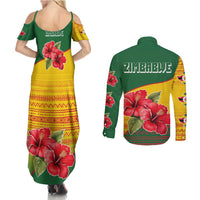 Zimbabwe Flag Map and Red Hibiscus Flowers Couples Matching Summer Maxi Dress and Long Sleeve Button Shirt with African Tribal Pattern