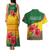 Zimbabwe Flag Map and Red Hibiscus Flowers Couples Matching Tank Maxi Dress and Hawaiian Shirt with African Tribal Pattern
