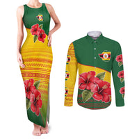 Zimbabwe Flag Map and Red Hibiscus Flowers Couples Matching Tank Maxi Dress and Long Sleeve Button Shirt with African Tribal Pattern